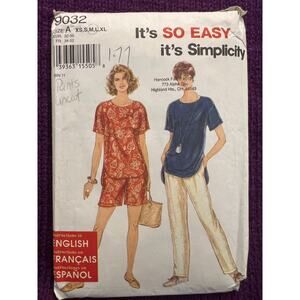 simplicity 9032 Sewing pattern top tunic pants shorts size xs s m